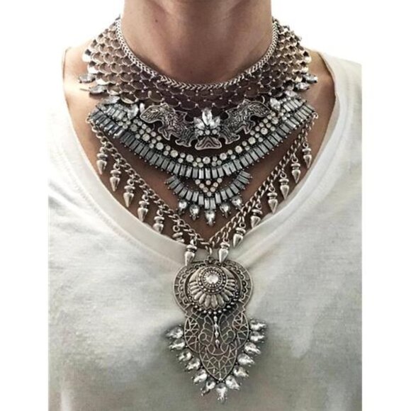 Chunky Boho Coin Statement Necklace with Long Tassel for  in Silver - Picture 6 of 7